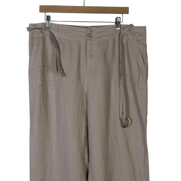 Tahari 100% Linen Pants Womens 14 Tan Wide Leg Belted Utility Resort Coastal - Picture 2 of 6